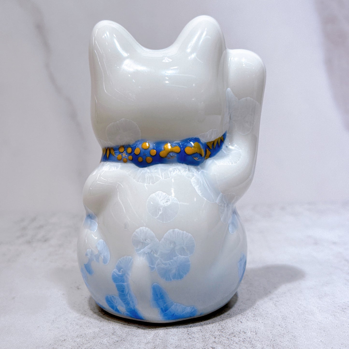 日本清水燒招財貓 花結晶 青白 開運 右 特小