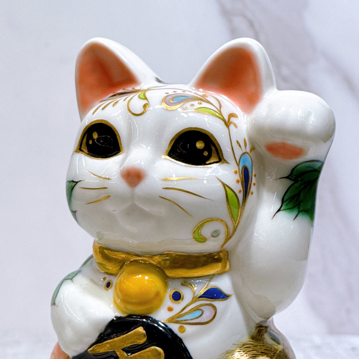 日本清水燒招財貓 色繪 孔雀牡丹圖