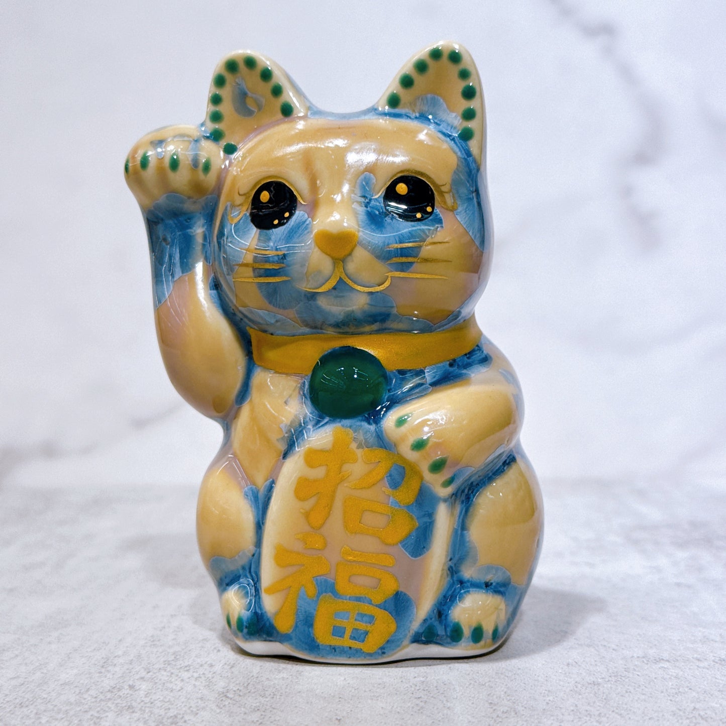 日本清水燒招財貓 花結晶 灰青 招福 右 特小