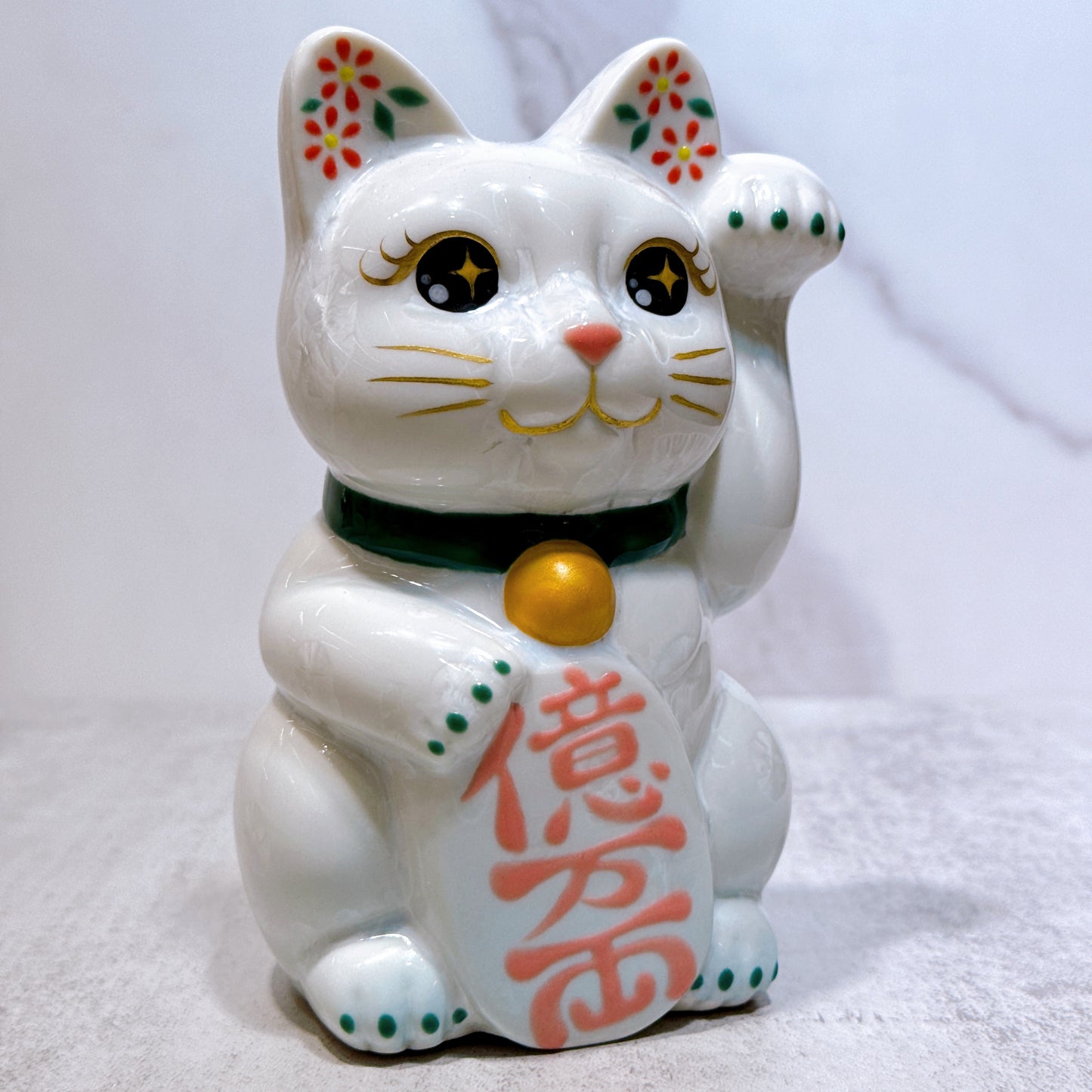 日本清水燒招財貓 花結晶 白 億万両 左