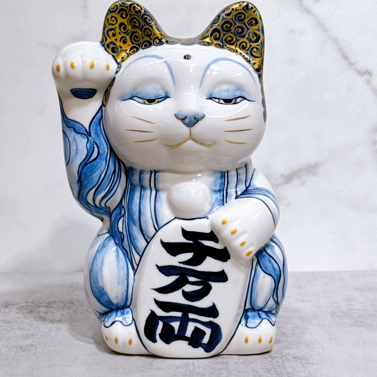 日本清水燒招財貓 染付 金彩 佛陀 特大