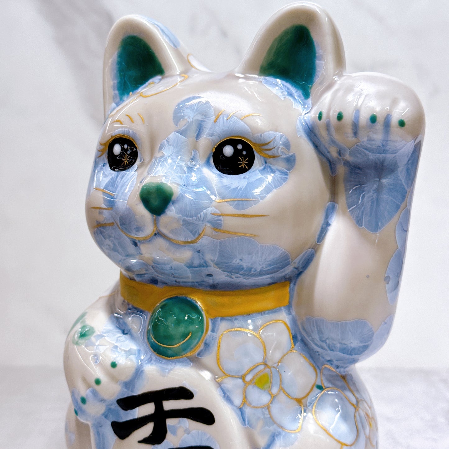 日本清水燒招財貓 花結晶 銀藤 億万両 体花 特大 左