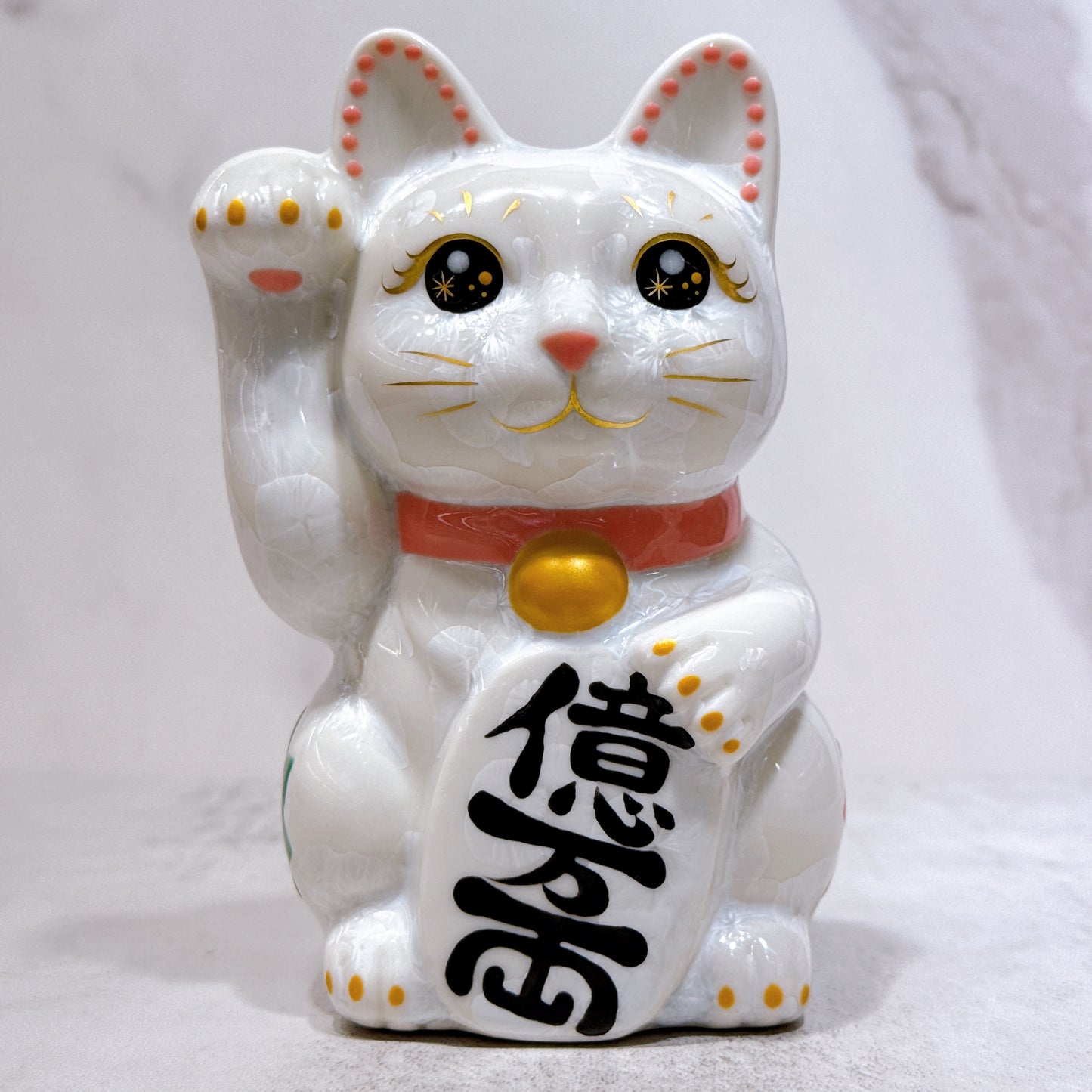 日本清水燒招財貓 花結晶 白 体花 億万両 右