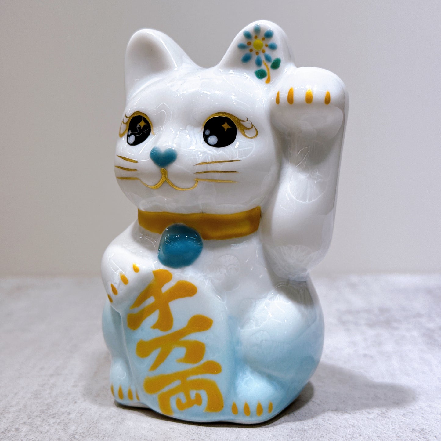 日本清水燒招財貓 花結晶 水白 千万両 左 特小