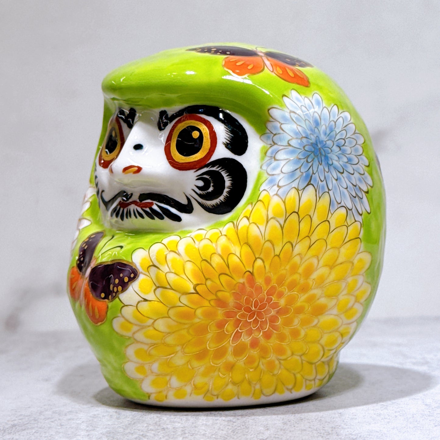 日本清水燒達摩 色繪 綠地匊蝶 小號
