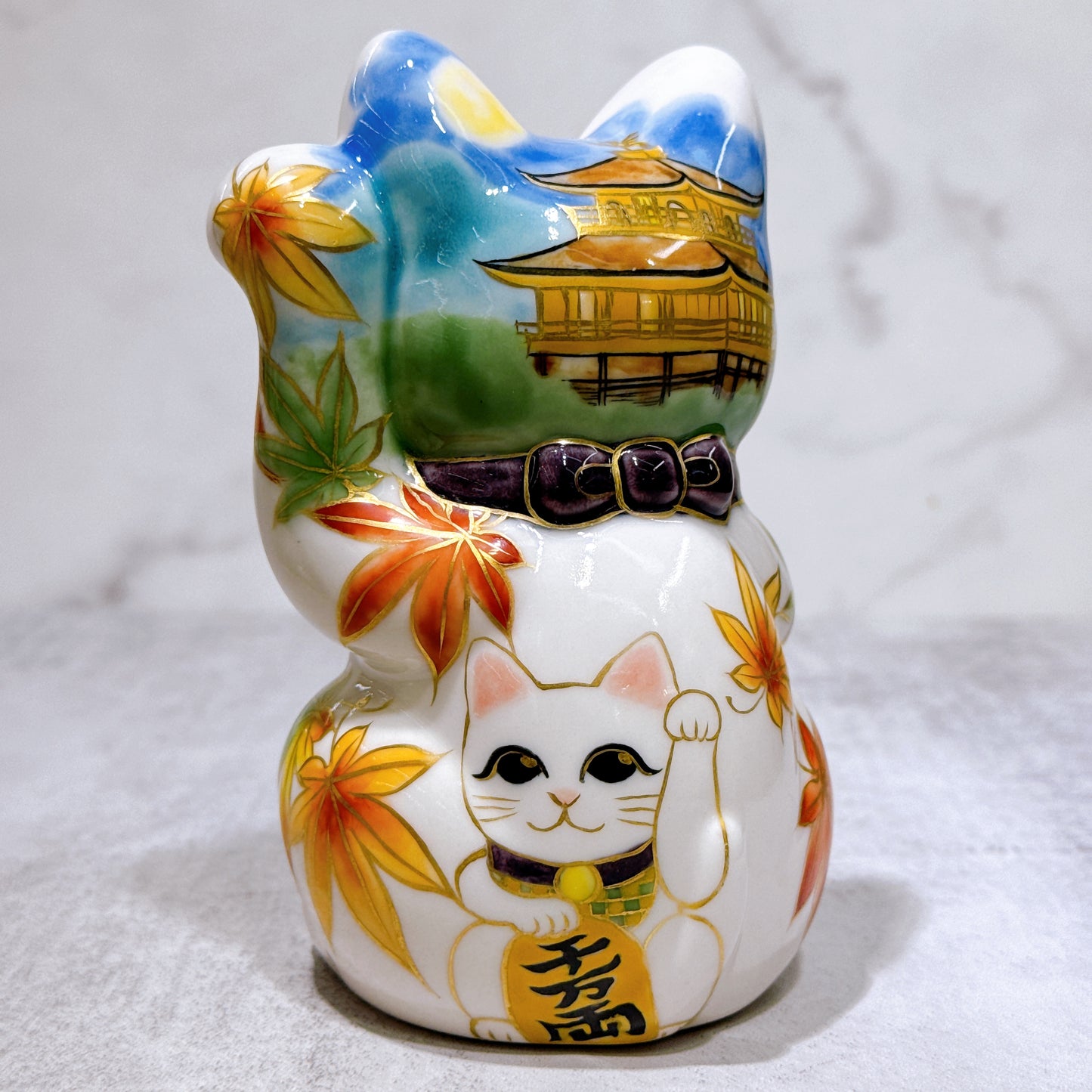 日本清水燒招財貓 色繪 金閣寺 猫守