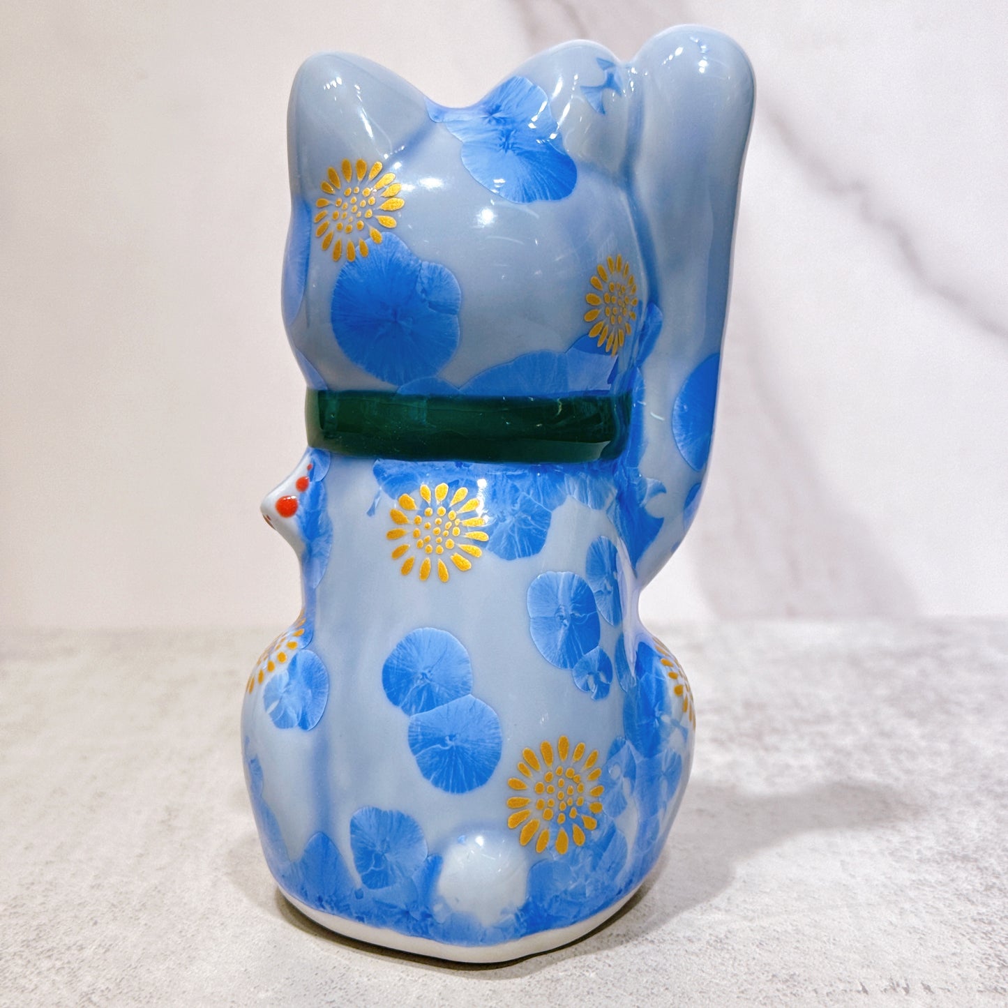 日本清水燒招財貓 花結晶 青 招福