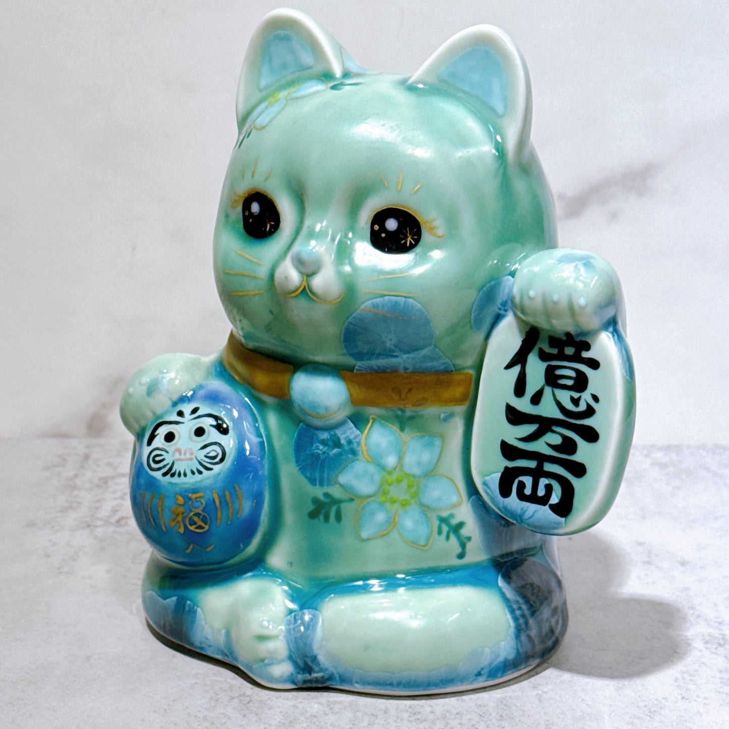 日本清水燒招財貓 達摩 花結晶 綠 億万両