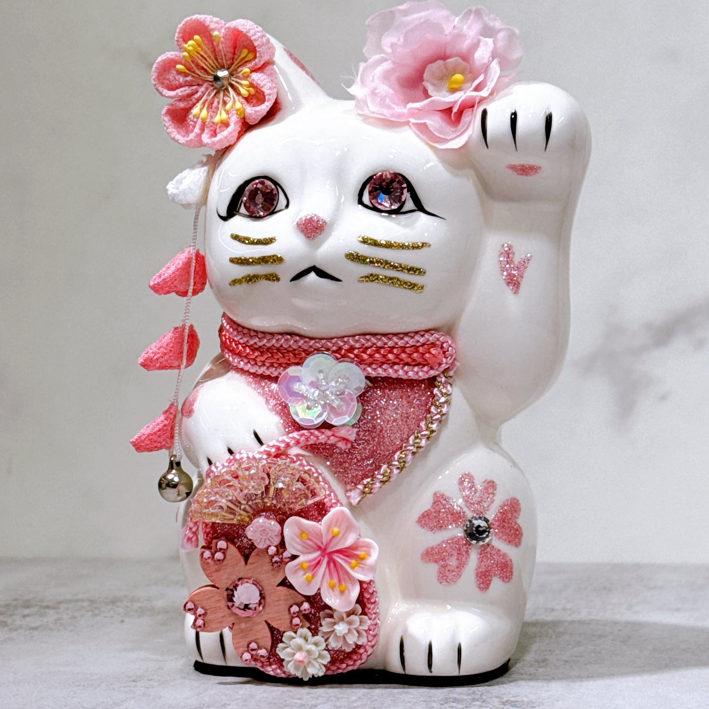 日本花見招財貓 櫻貓 5號 白 左手