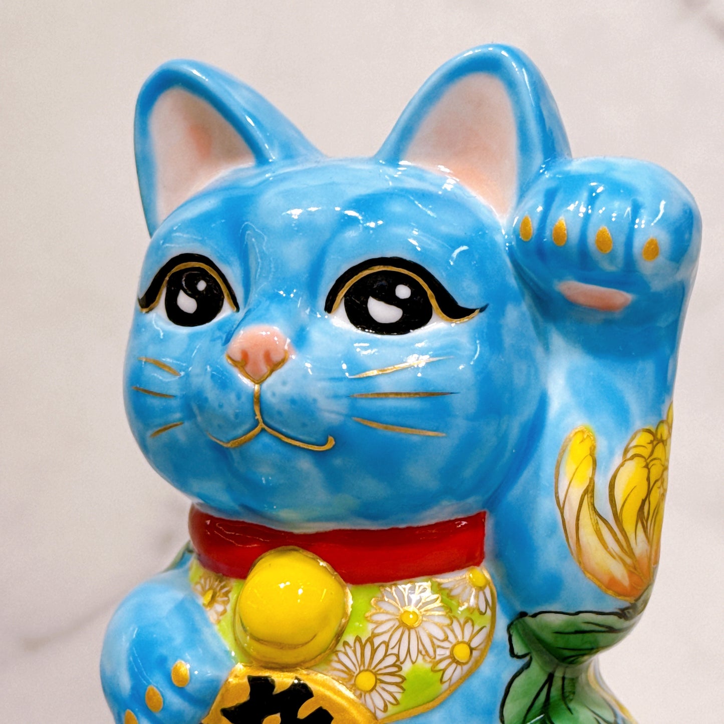 日本清水燒招財貓 色繪 水色黃菊