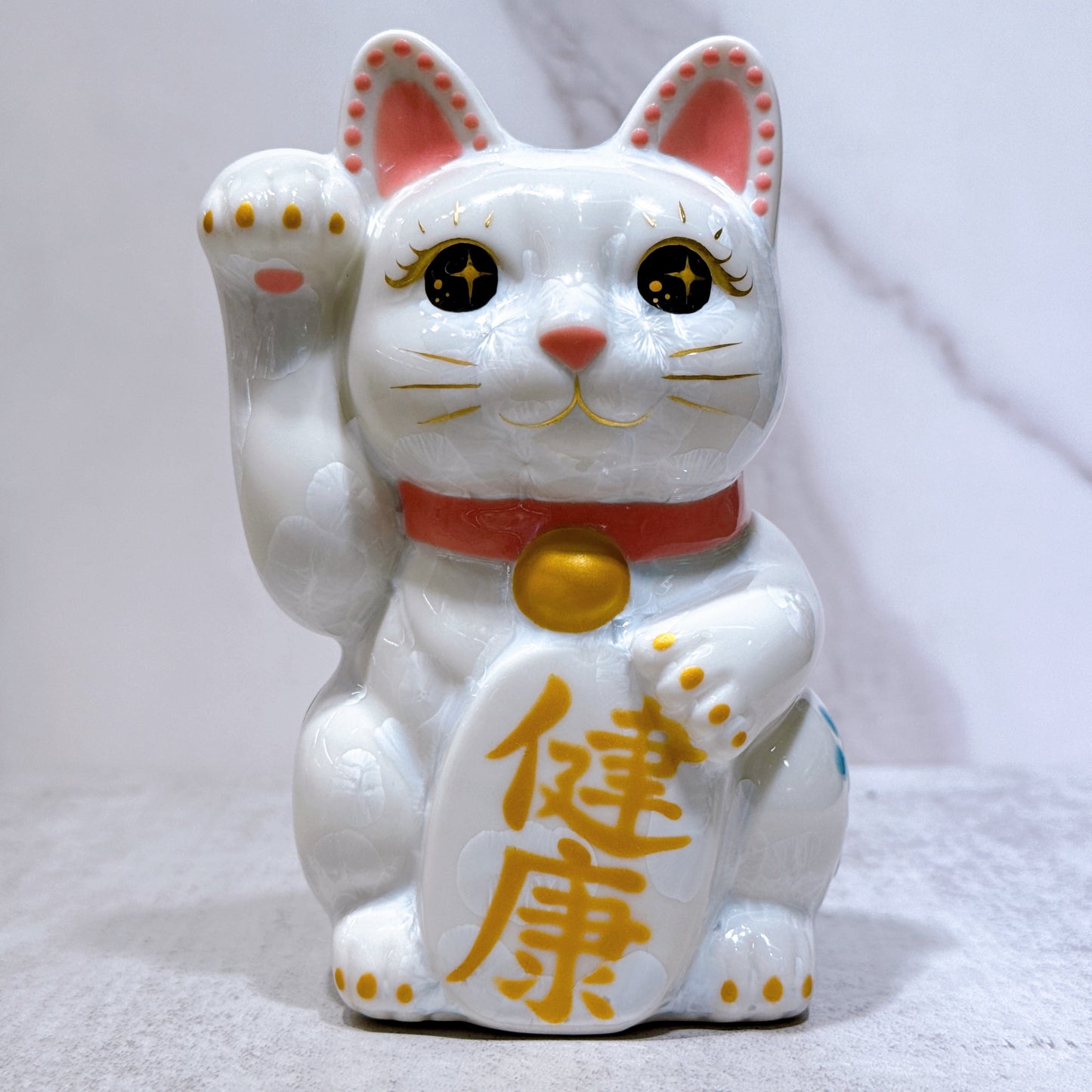 日本清水烧招财猫 花结晶 白 体花 健康 右