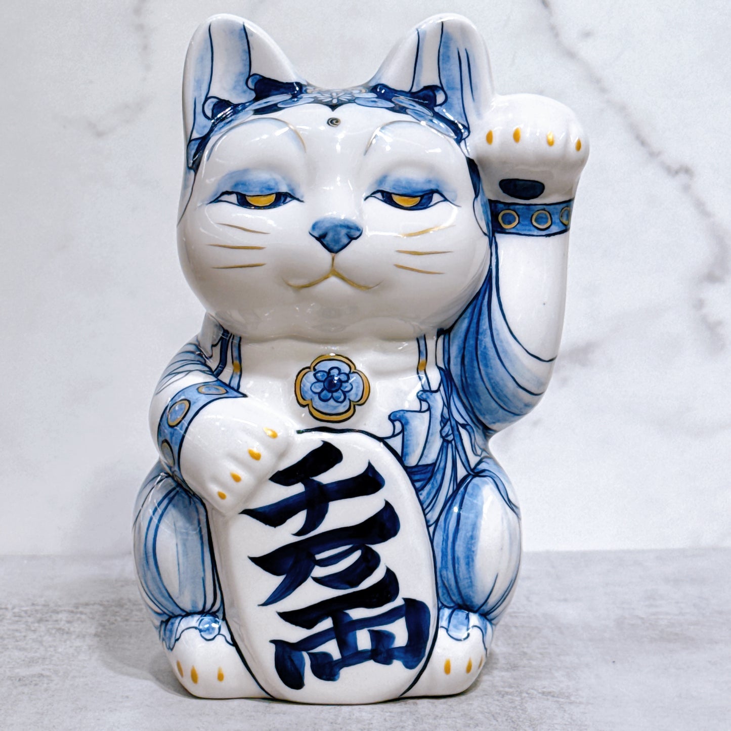 日本清水燒招財貓 染付 金彩 觀音菩薩 特大