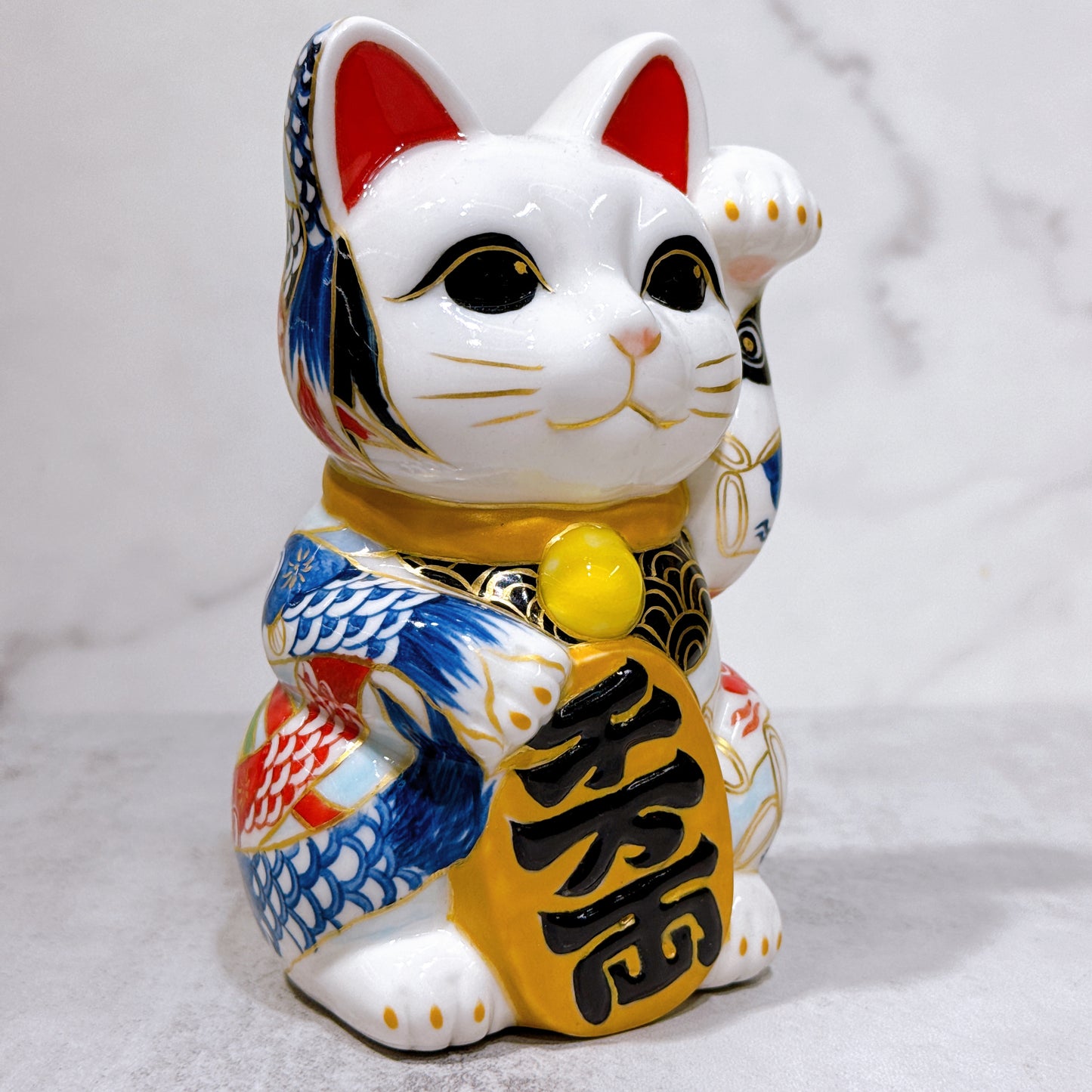 日本清水燒招財貓 色繪 描旗鯉