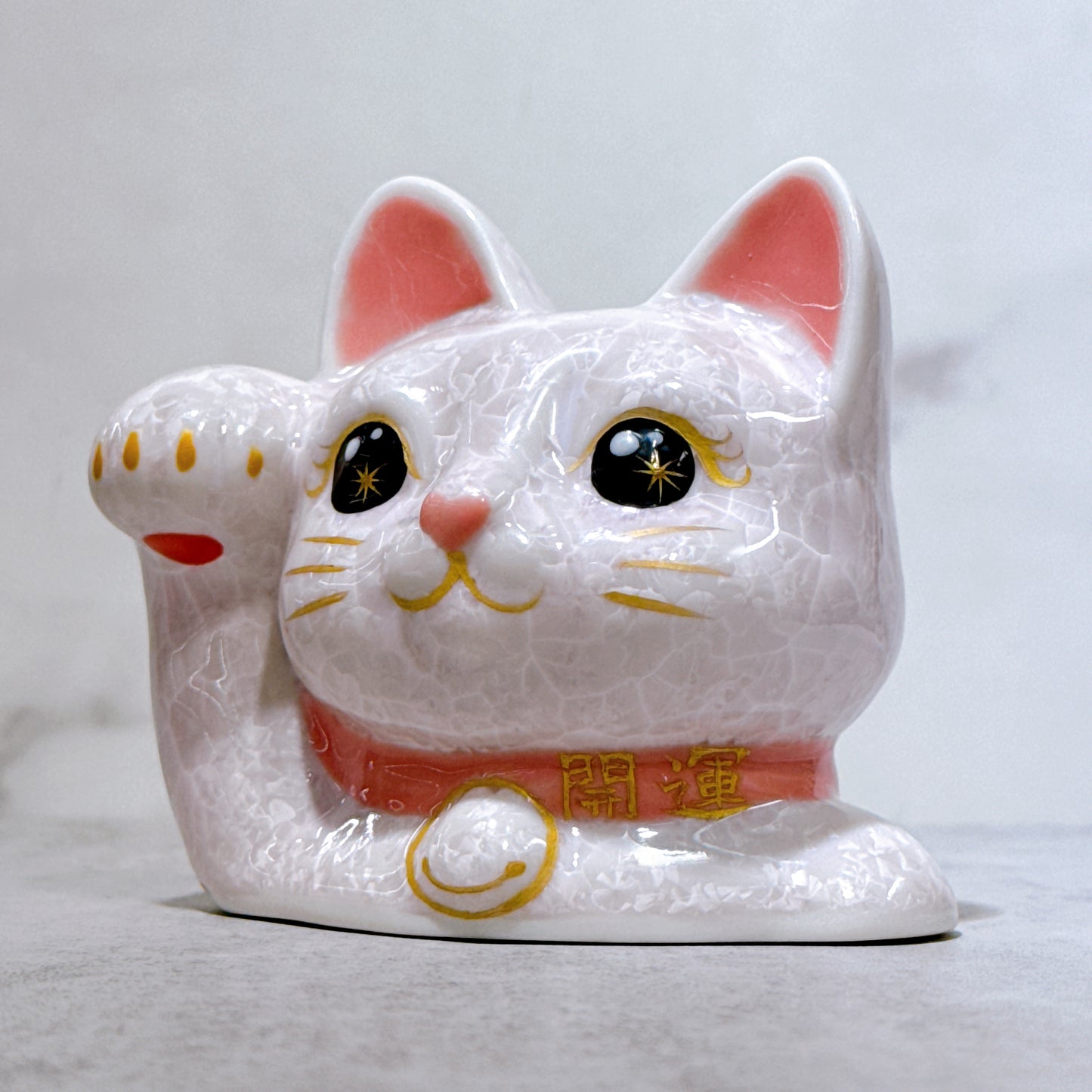 日本清水燒招財貓 貓半身 花結晶 桃 開運