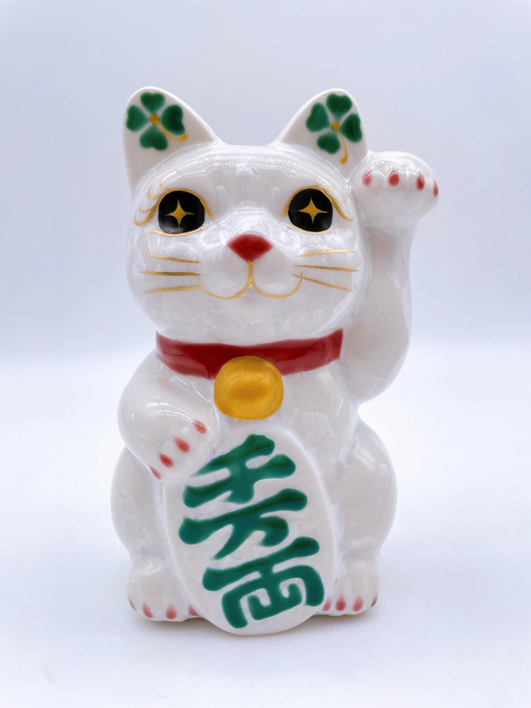 日本清水烧招财猫 花结晶 白 千万两 左
