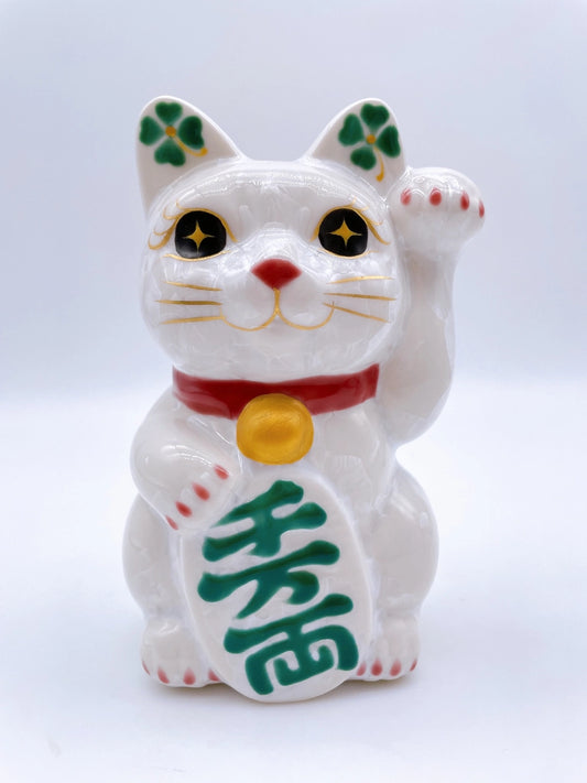 日本清水燒招財貓 花結晶 白 千万両 左