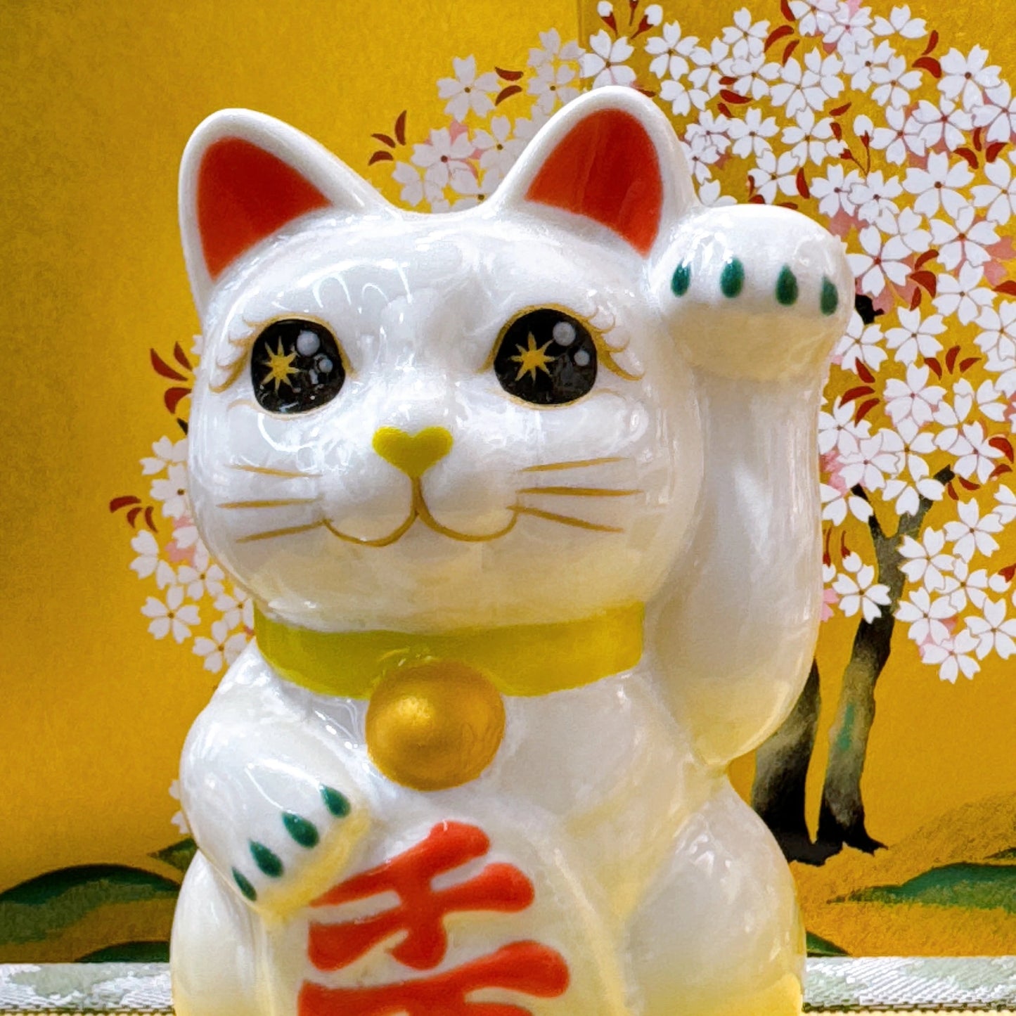 日本清水燒招財貓 花結晶 黃白 千万両 左