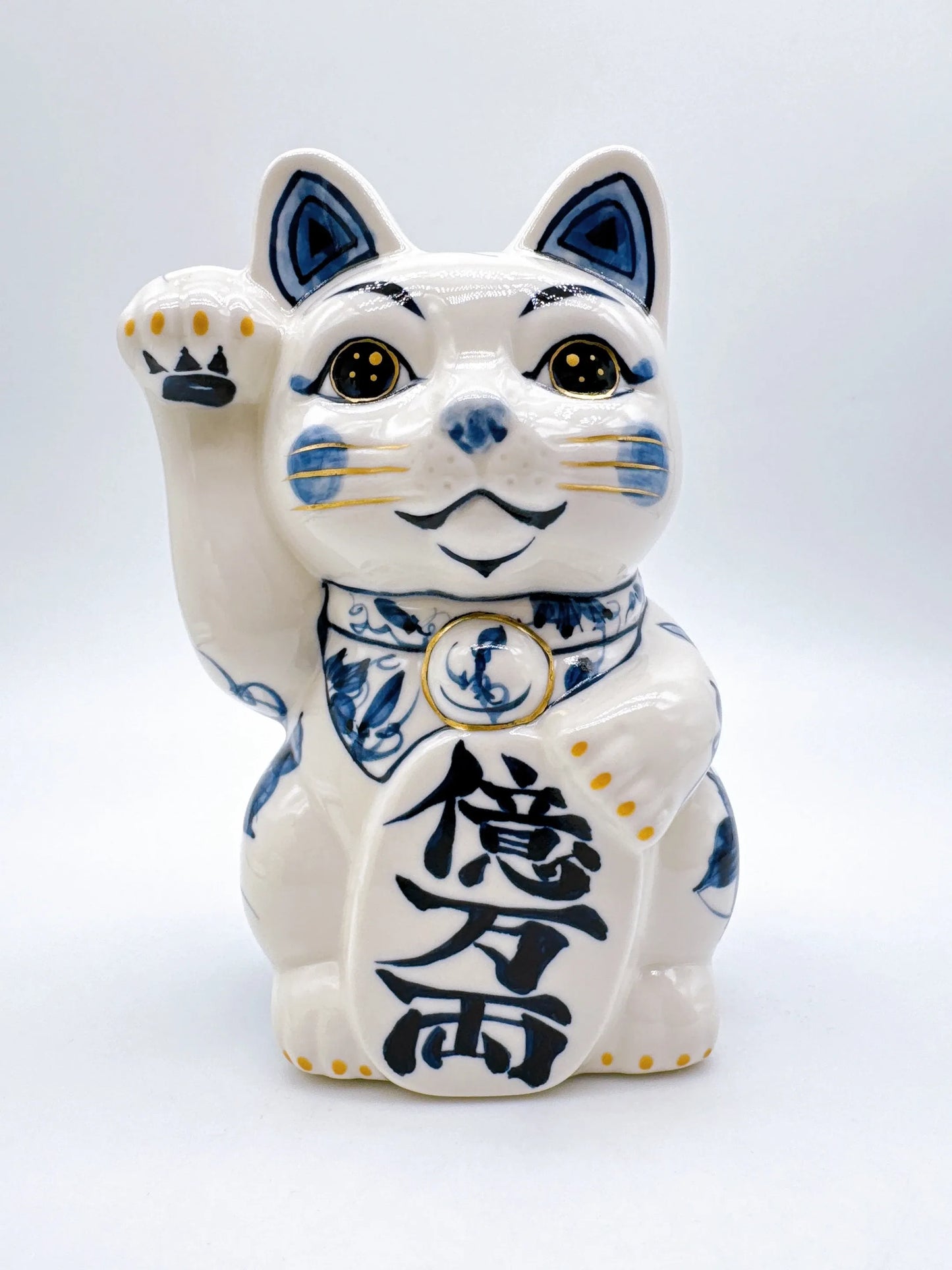 日本清水燒招財貓 染付 鐵線 金彩 特大