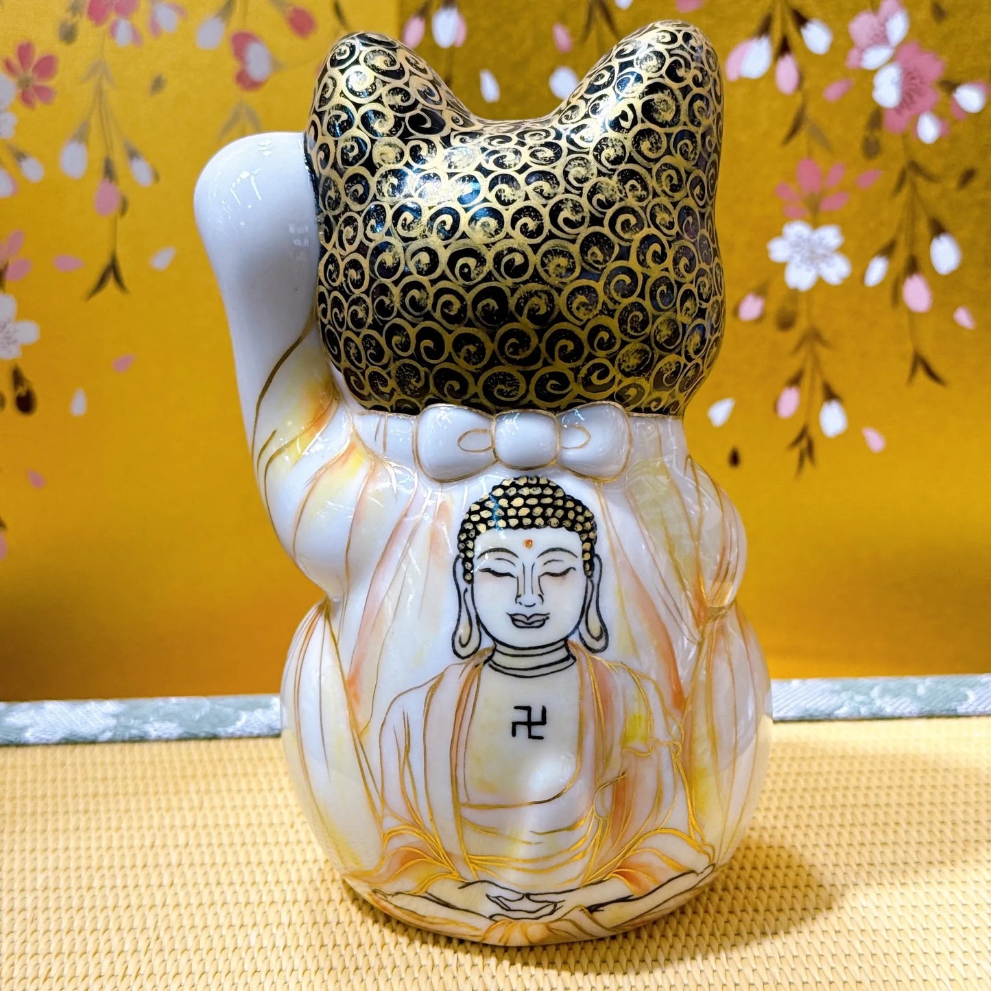 日本清水烧招财猫 色绘 佛陀