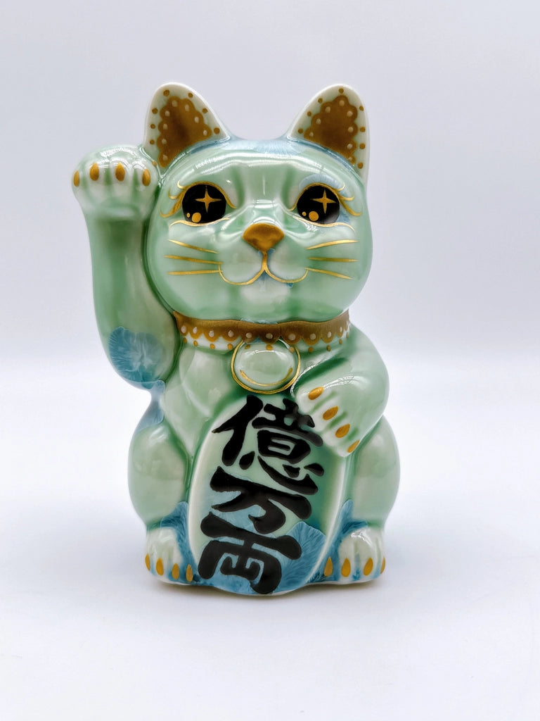 日本清水烧招财猫 花结晶 绿 亿万两 右