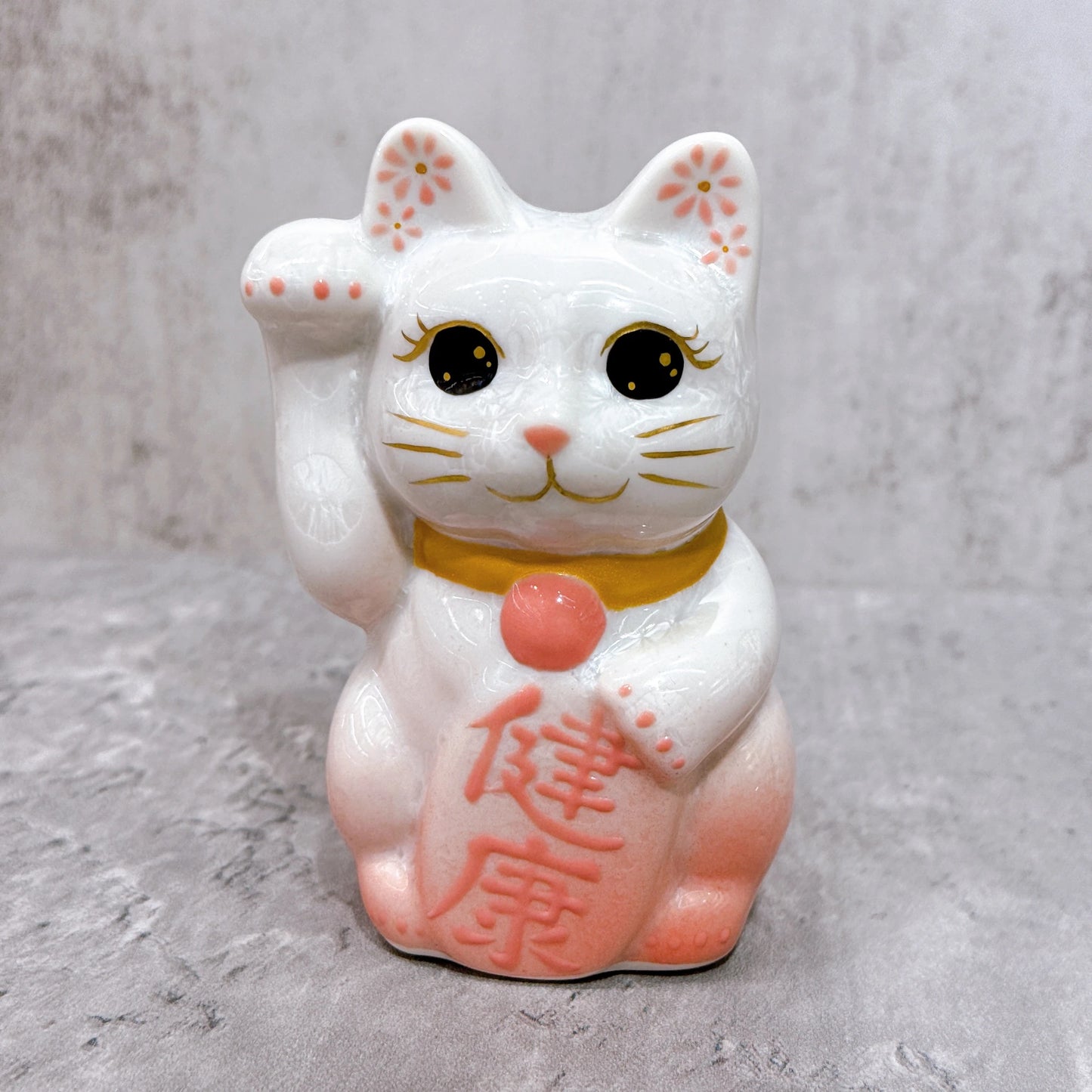 日本清水燒招財貓 花結晶 桃白 健康 右 特小