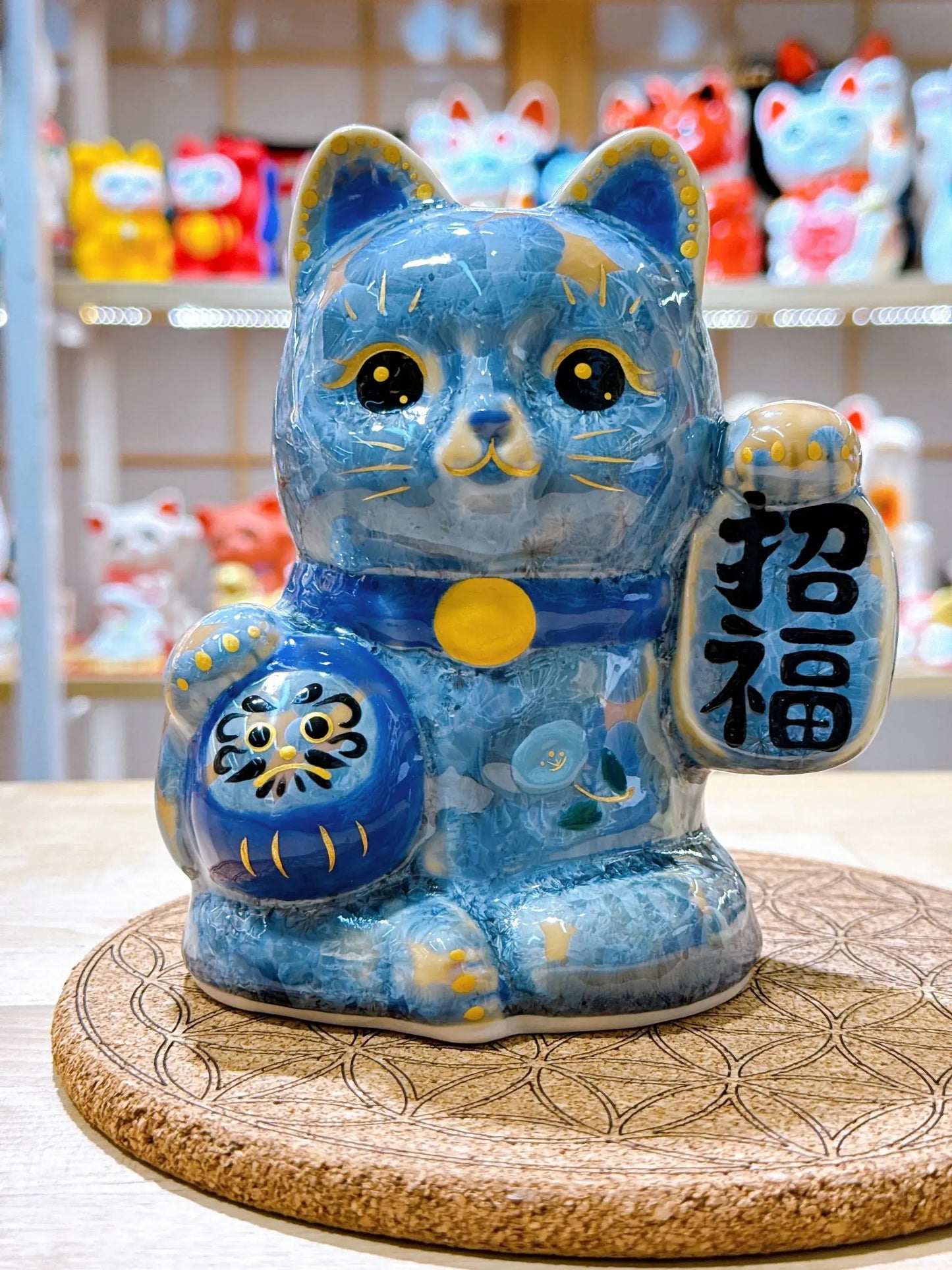 日本清水燒招財貓 達摩 花結晶 灰青 招福