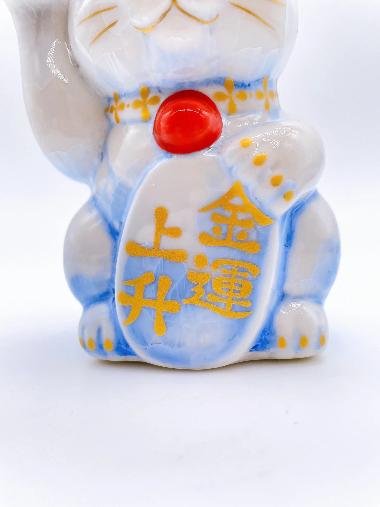 日本清水烧招财猫 花结晶 青白 金运上升