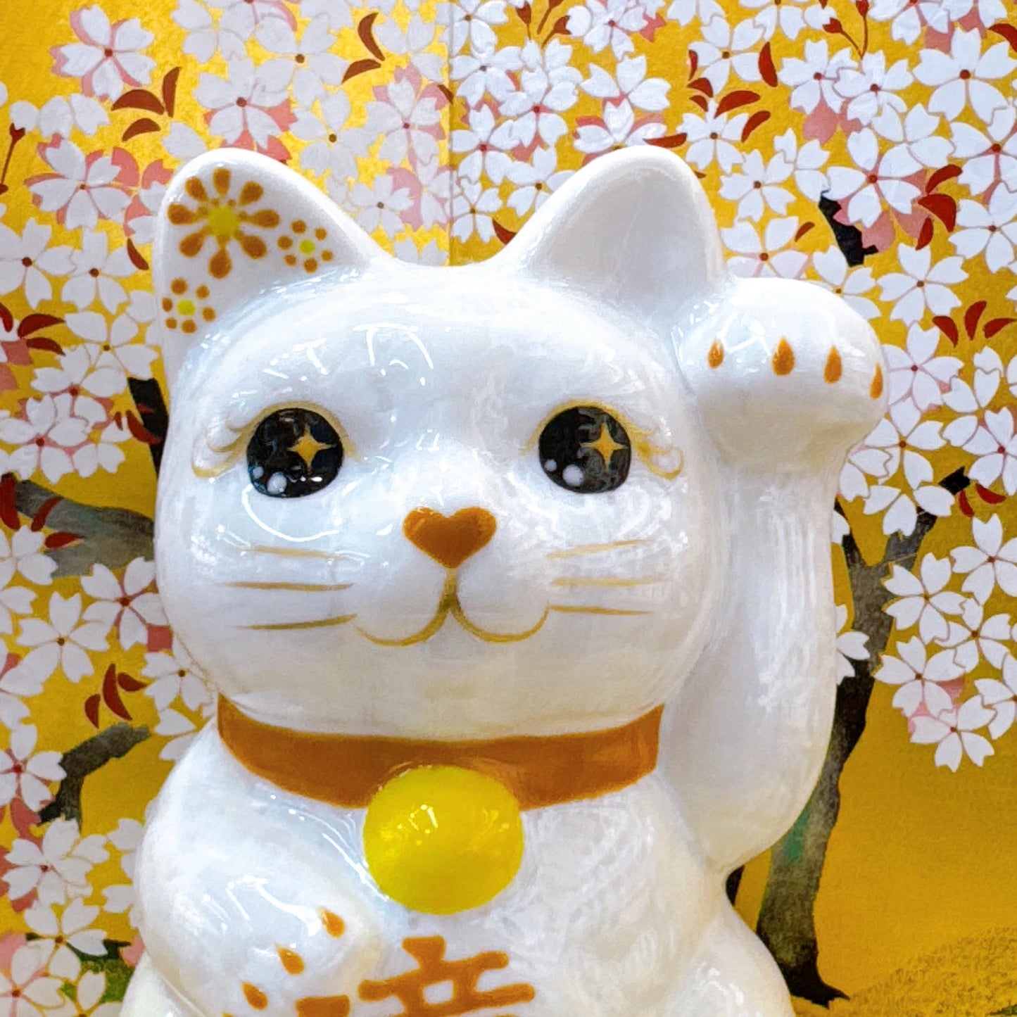 日本清水燒招財貓 花結晶 黃白 億万両 左
