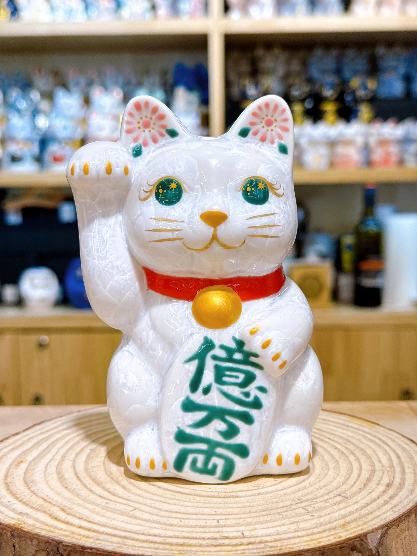 日本清水燒招財貓 花結晶 白 億万両 右