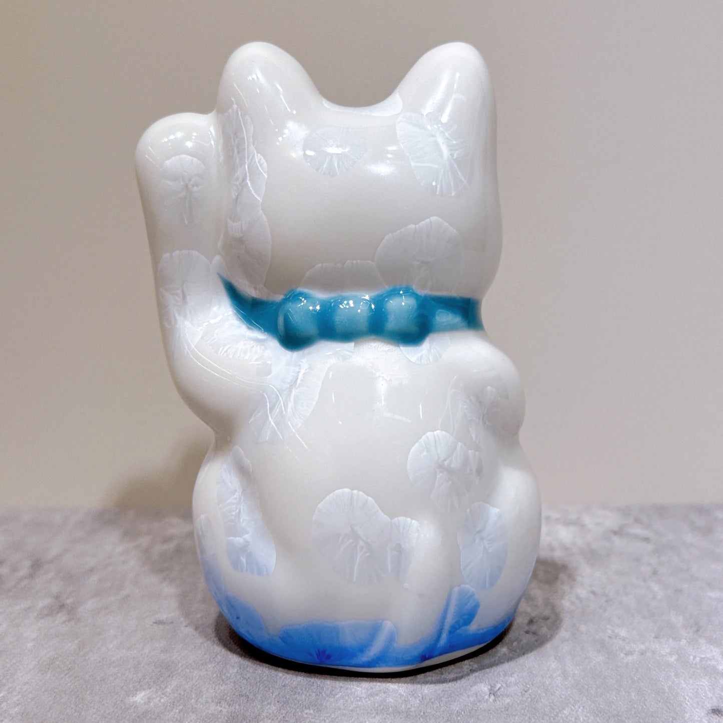 日本清水燒招財貓 花結晶 青白 億万両 左 特小