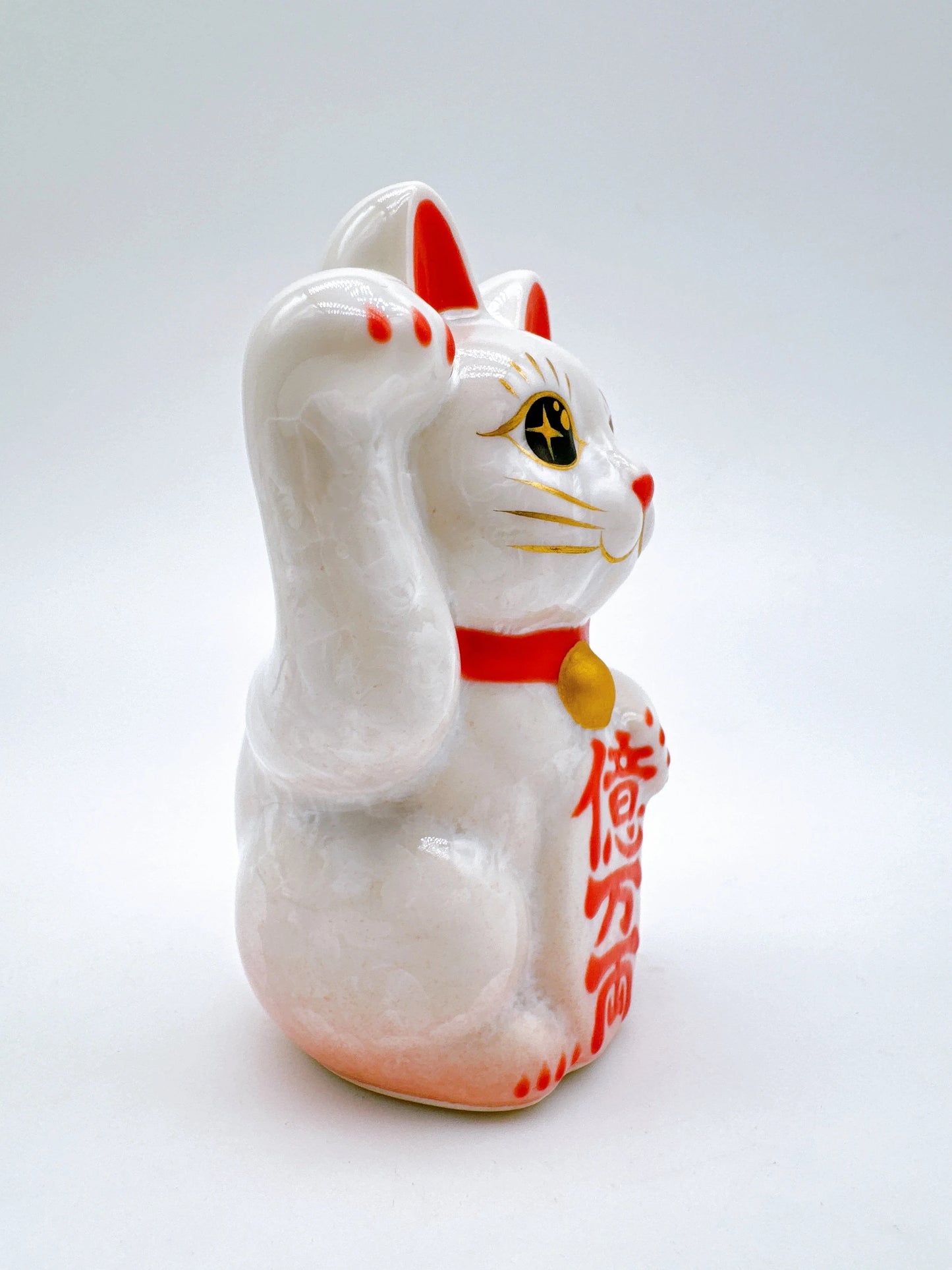 日本清水燒招財貓 花結晶 桃白 億万両 右 迷你