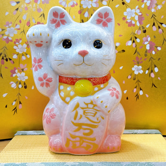 日本清水燒招財貓 花結晶 桃白 億万両 特大 右