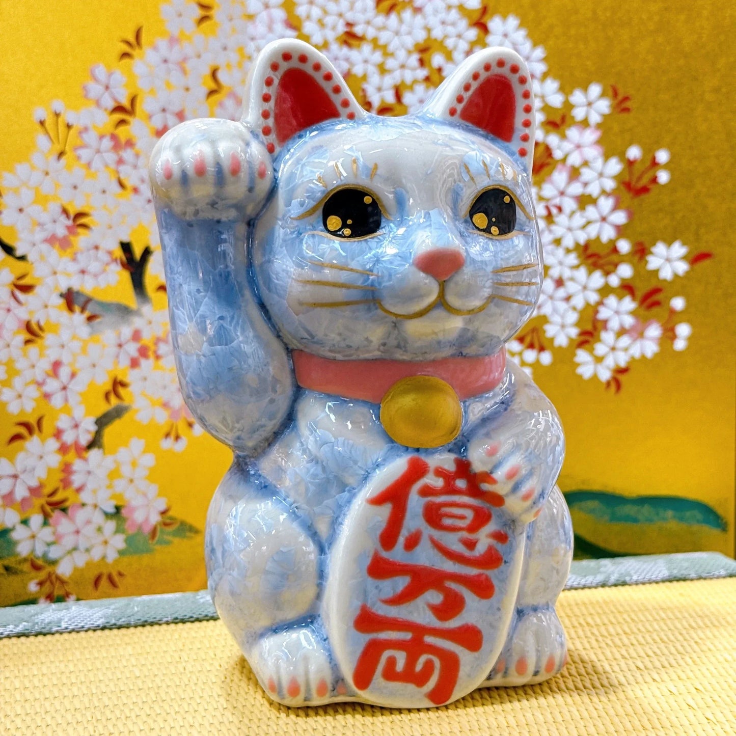 日本清水燒招財貓 花結晶 銀藤 億万両 右