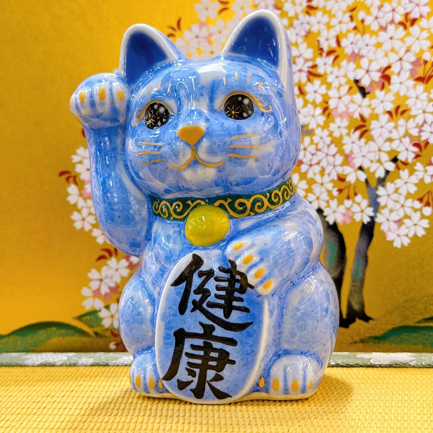 日本清水燒招財貓 花結晶 青 健康 右