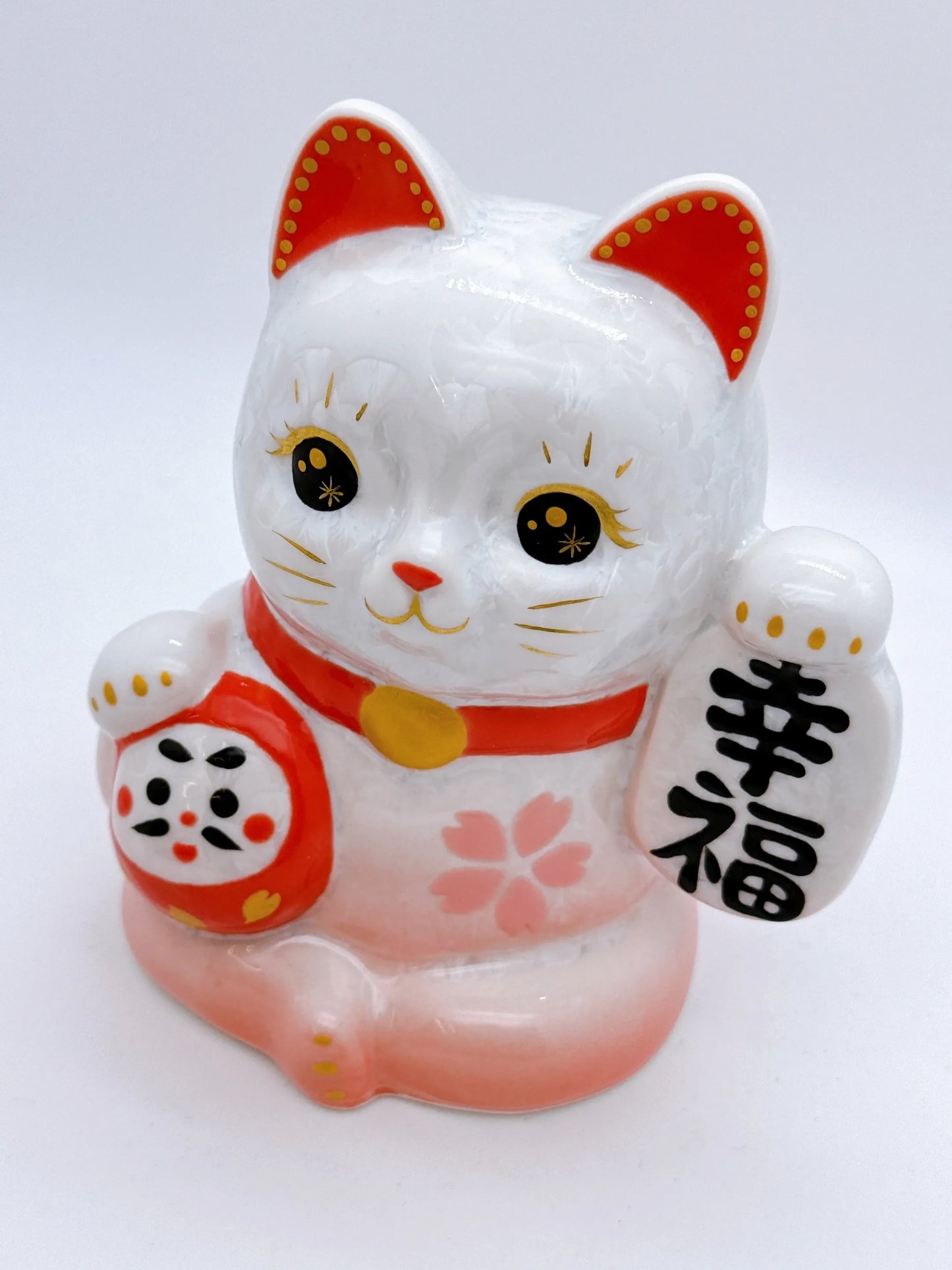日本清水燒招財貓 達摩 花結晶 桃白 幸福