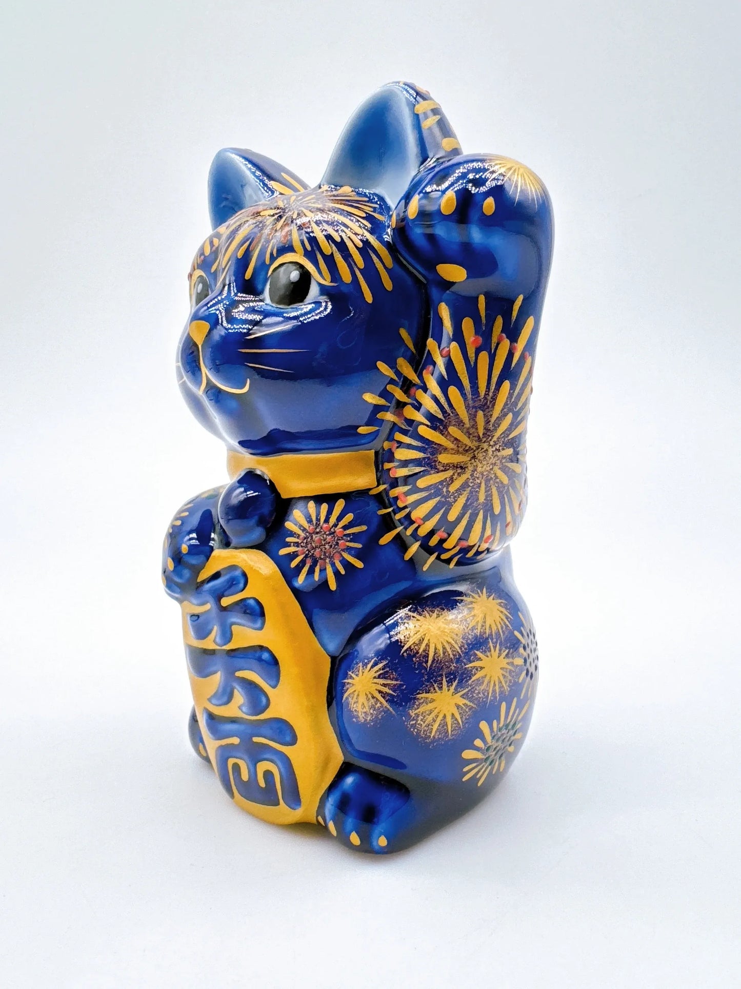 日本清水烧招财猫 色绘 花火