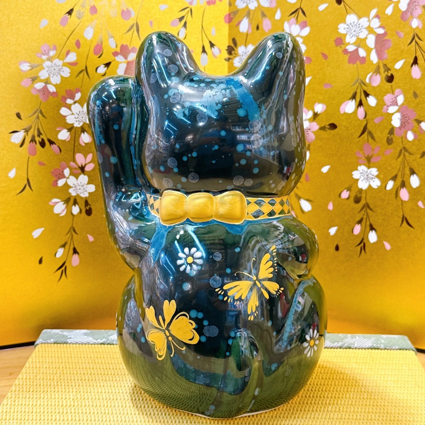日本清水燒招財貓 古地深綠 特大