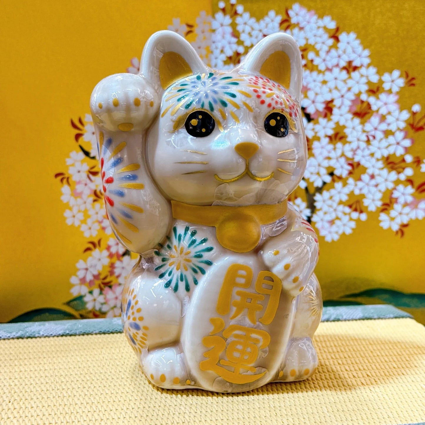 日本清水燒招財貓 花結晶 杏 花火 開運