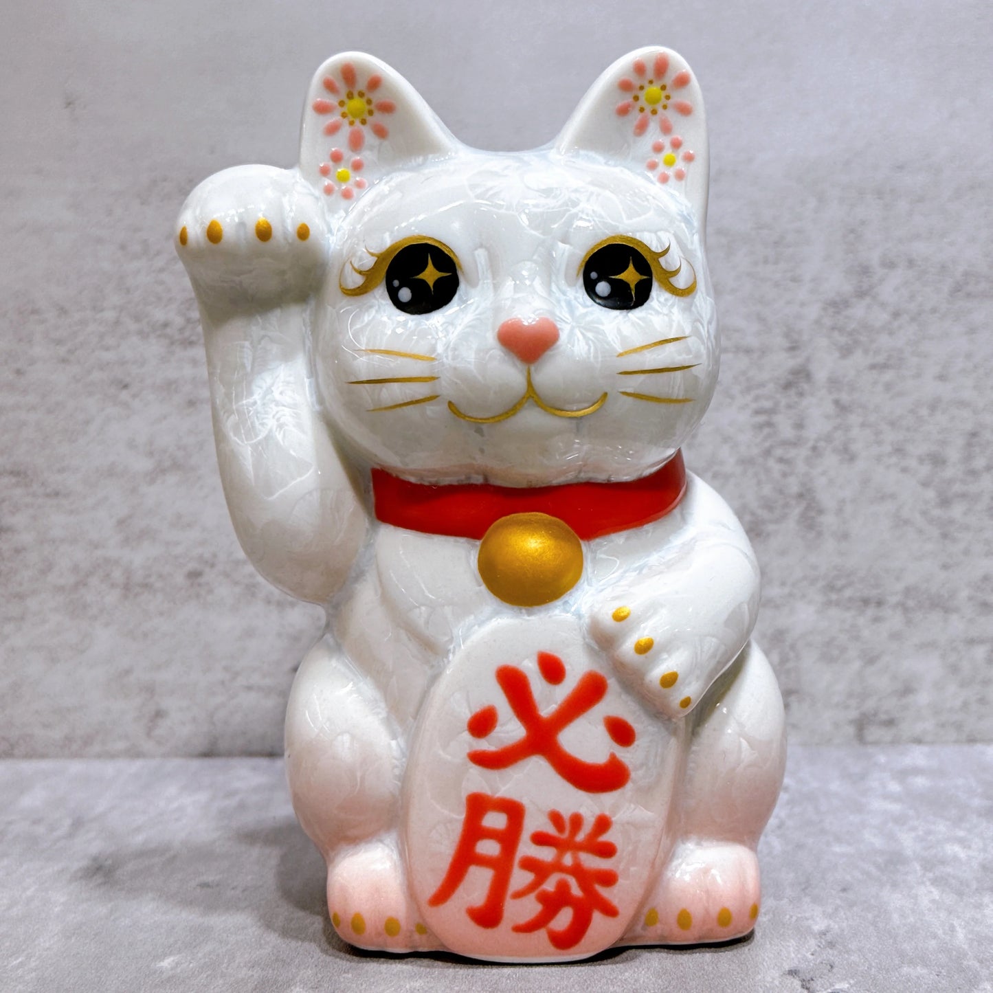 日本清水燒招財貓 花結晶 桃白 必勝 右