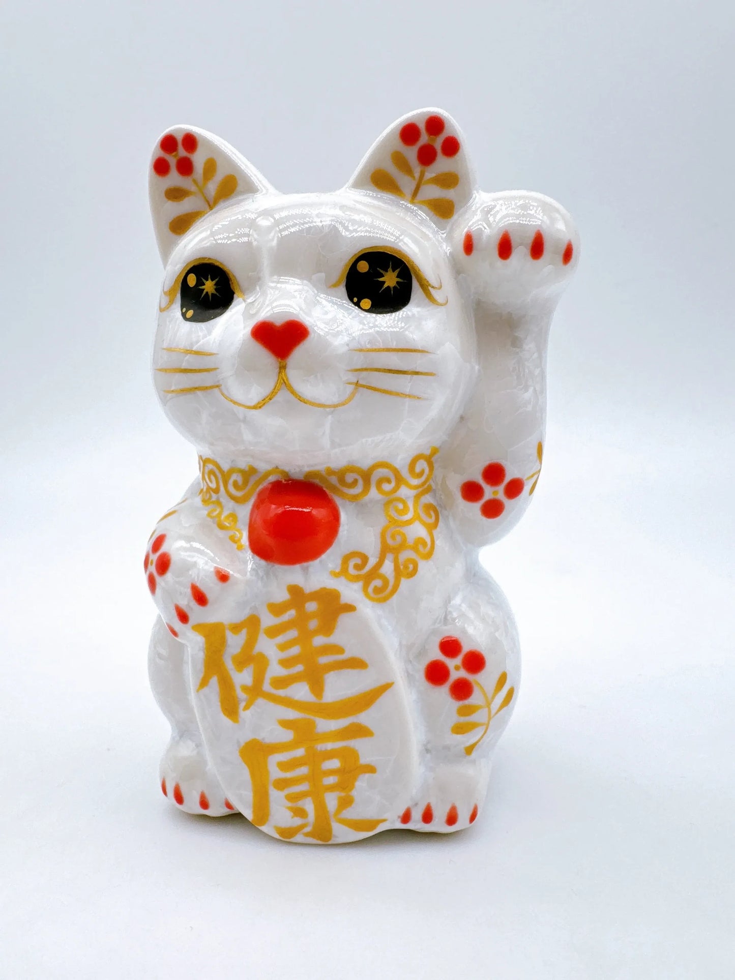 日本清水烧招财猫 花结晶 白体花 健康 左