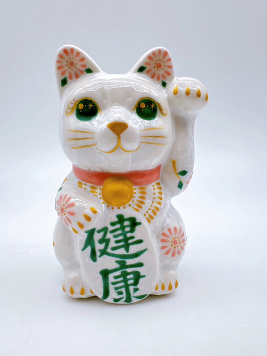 日本清水燒招財貓 花結晶 白櫻 健康 右