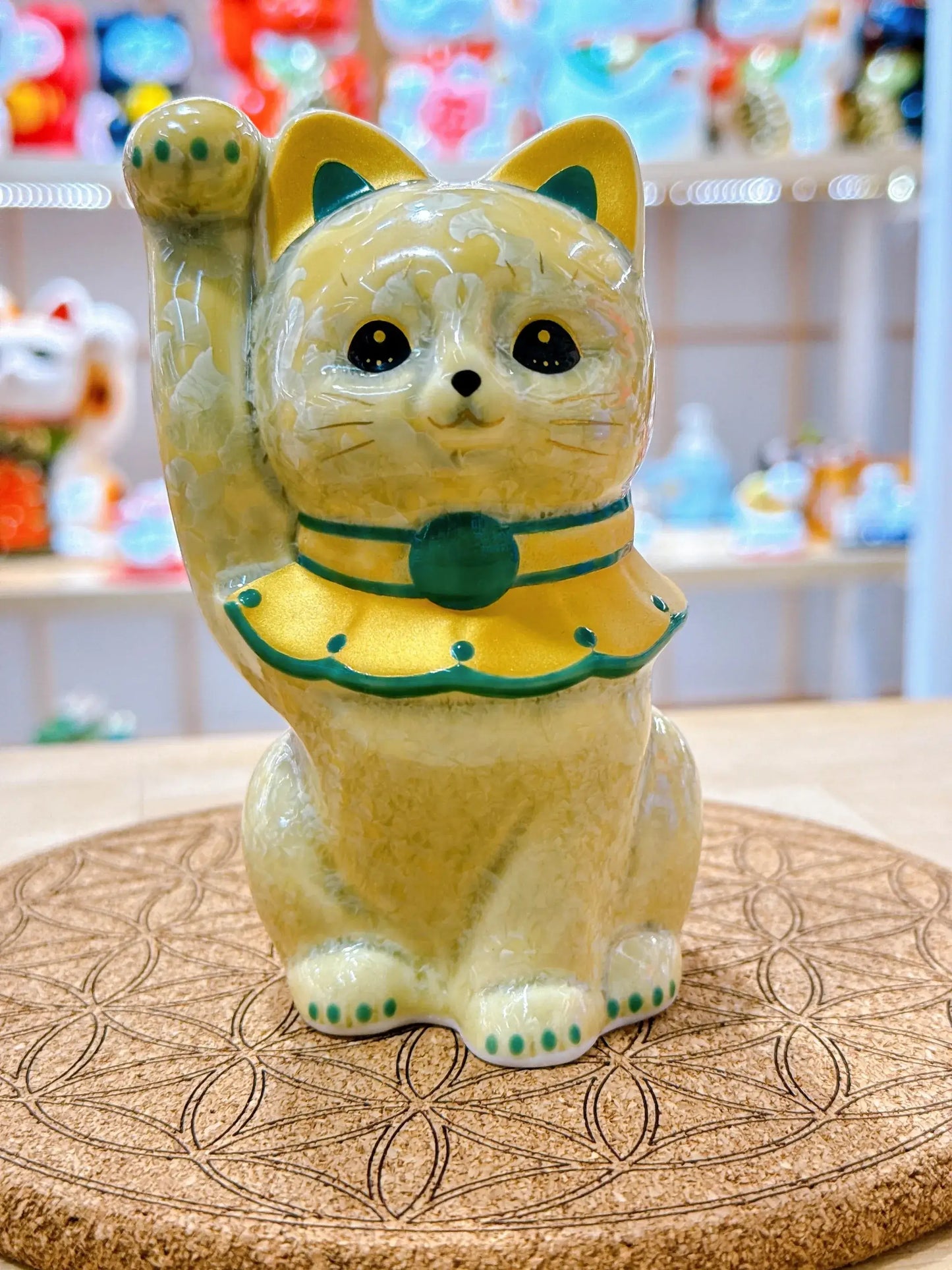 日本清水燒招財貓 花結晶 金花 前掛