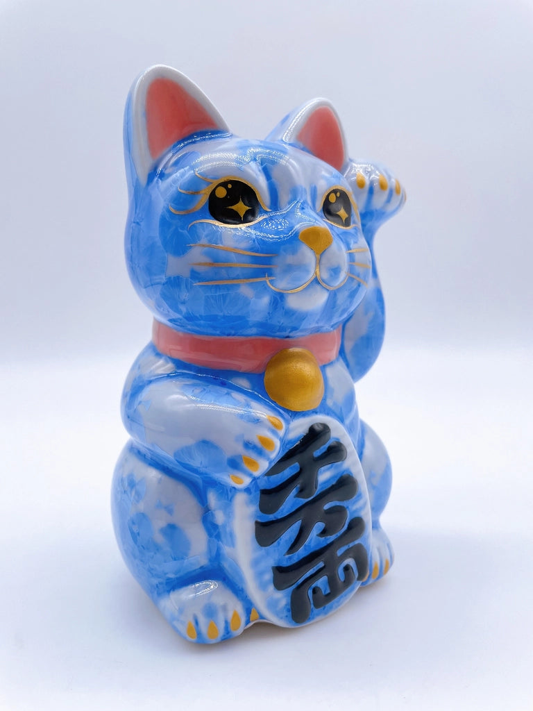 日本清水烧招财猫 花结晶 青 千万两 左