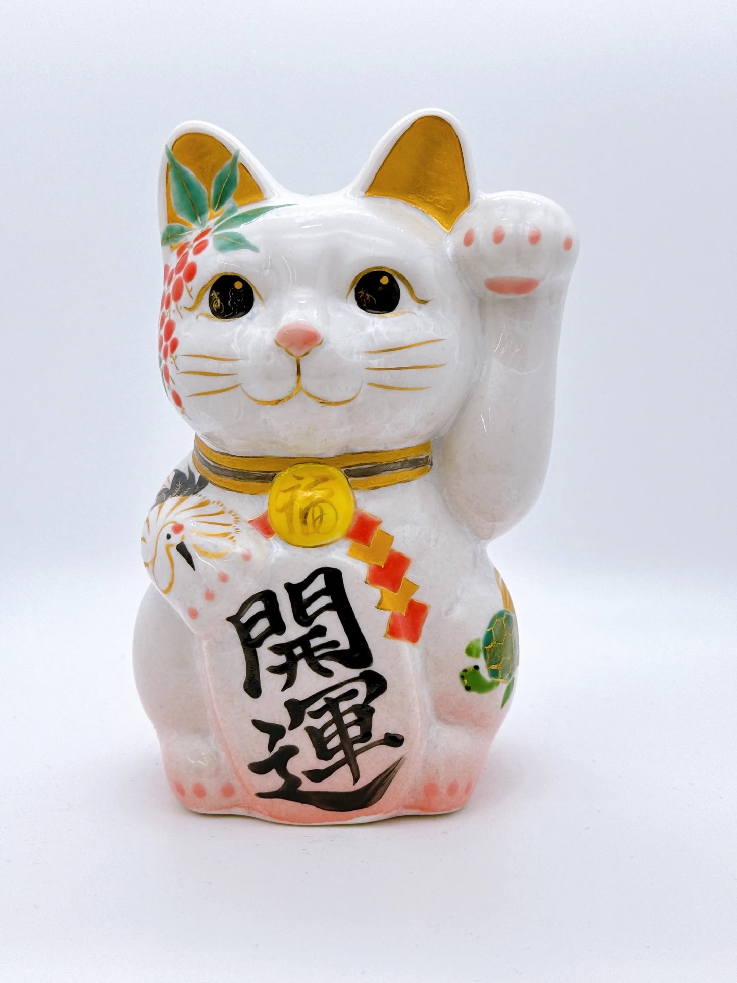 日本清水燒招財貓 花結晶 桃白 福鶴 中號