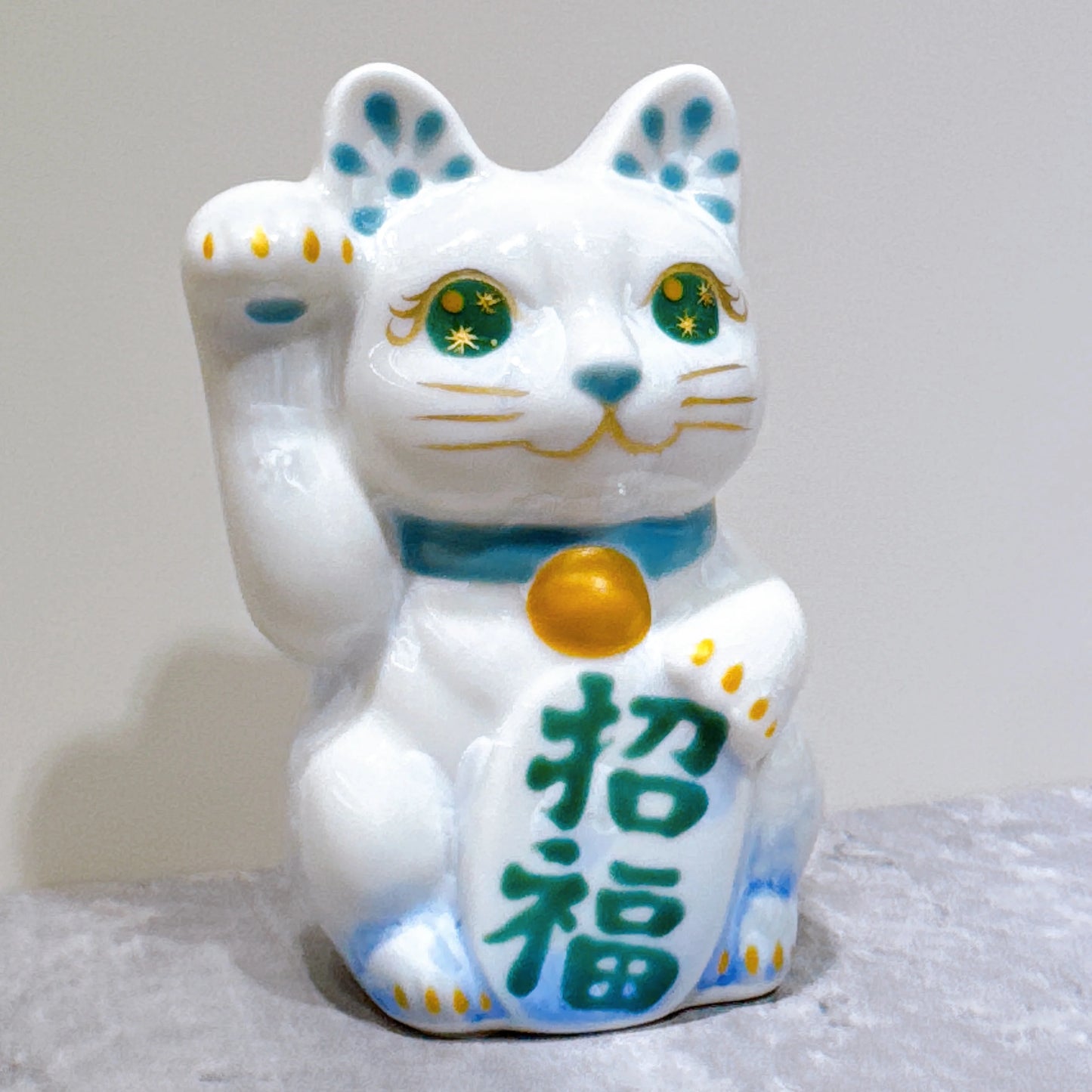 日本清水燒招財貓 花結晶 青白 招福 右 特小