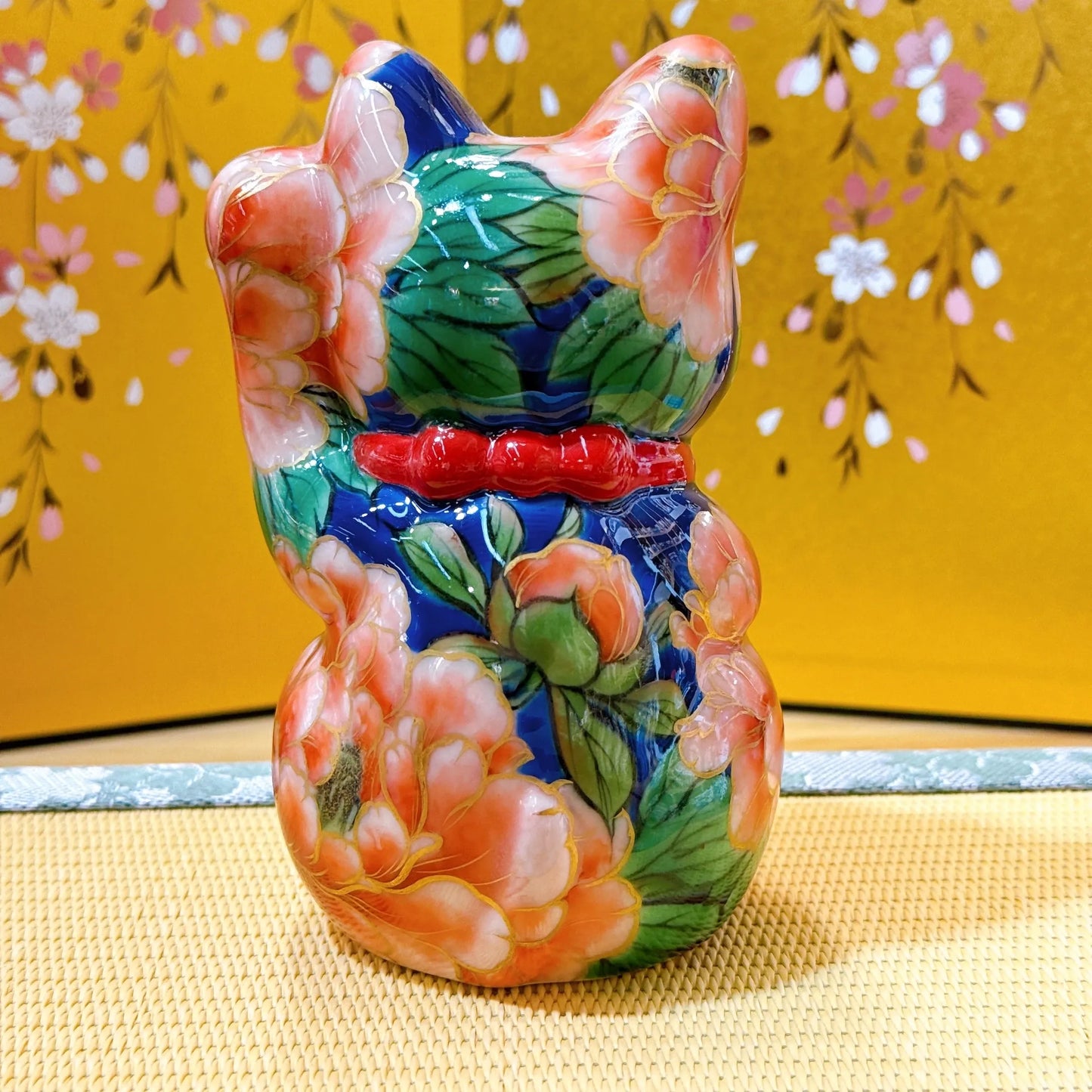 日本清水烧招财猫 色绘 琉璃地牡丹