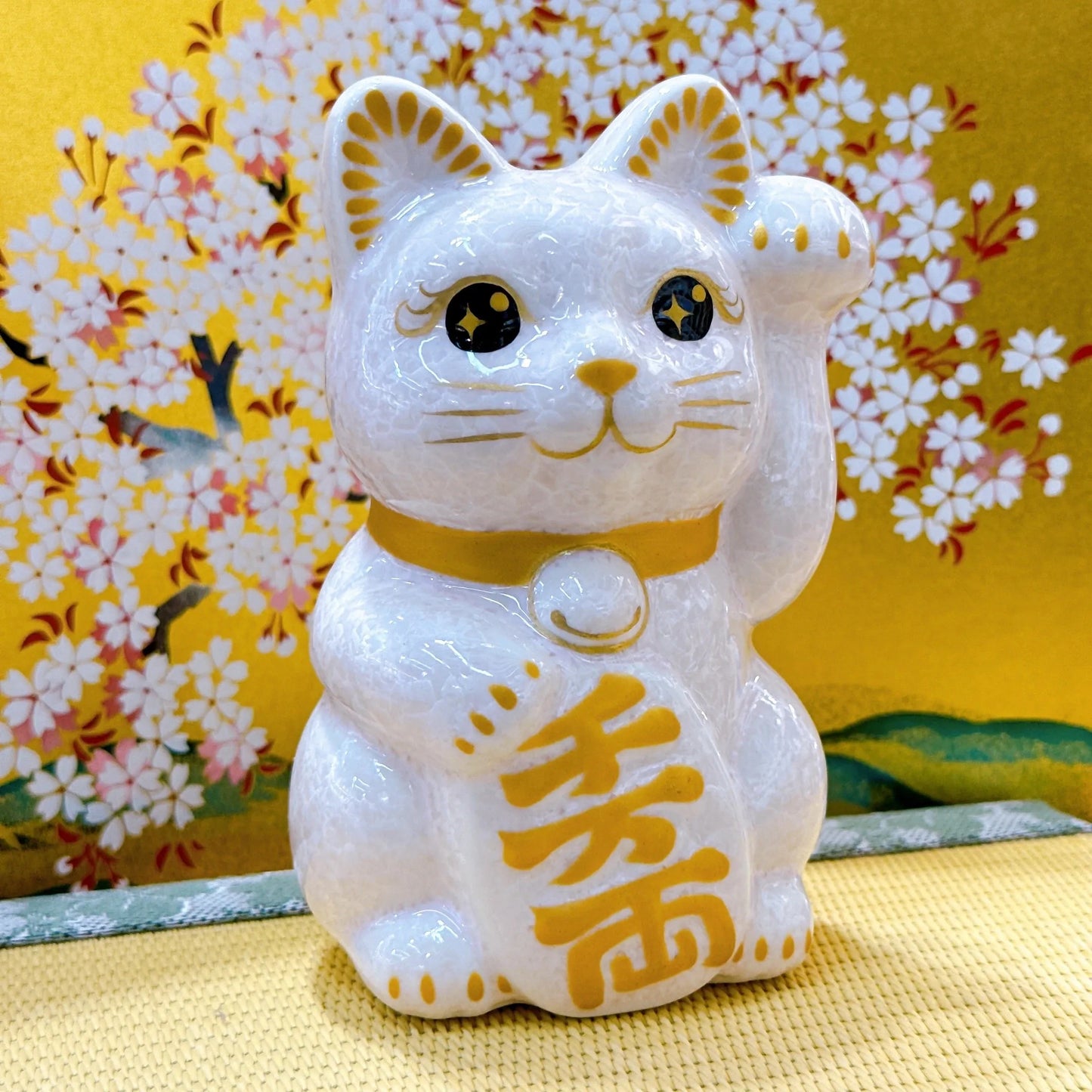 日本清水燒招財貓 花結晶 桃 千万両 左