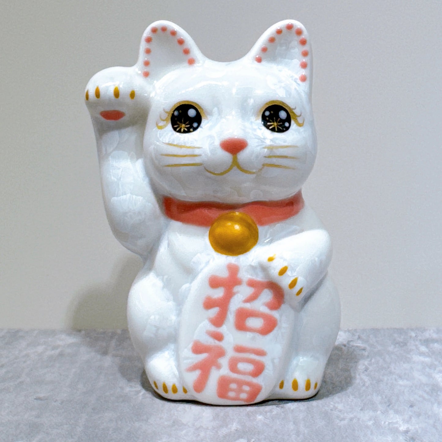 日本清水燒招財貓 花結晶 白 招福 右 特小