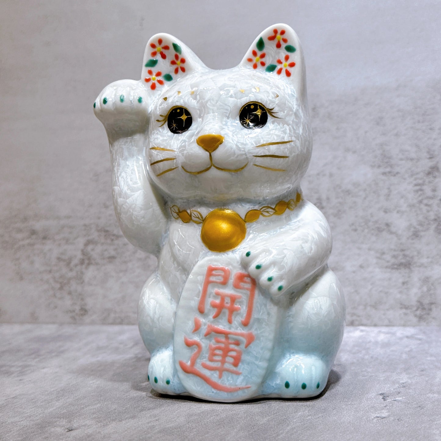 日本清水燒招財貓 花結晶 水白 開運 右