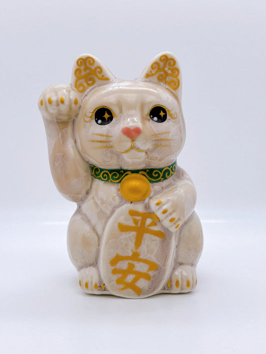 日本清水燒招財貓 花結晶 杏 平安 右